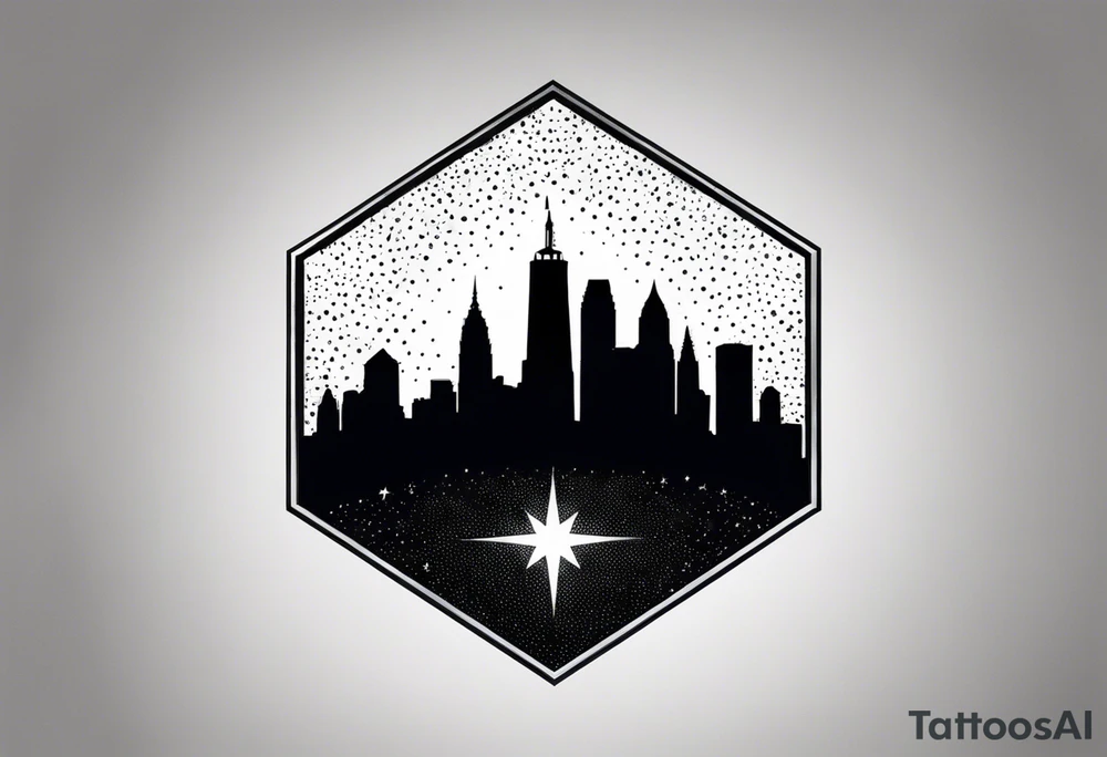 Starry sky with silhouette of Philadelphia skyline. Tattoo is embedded in a hexagonal frame tattoo idea