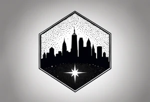 Starry sky with silhouette of Philadelphia skyline. Tattoo is embedded in a hexagonal frame tattoo idea