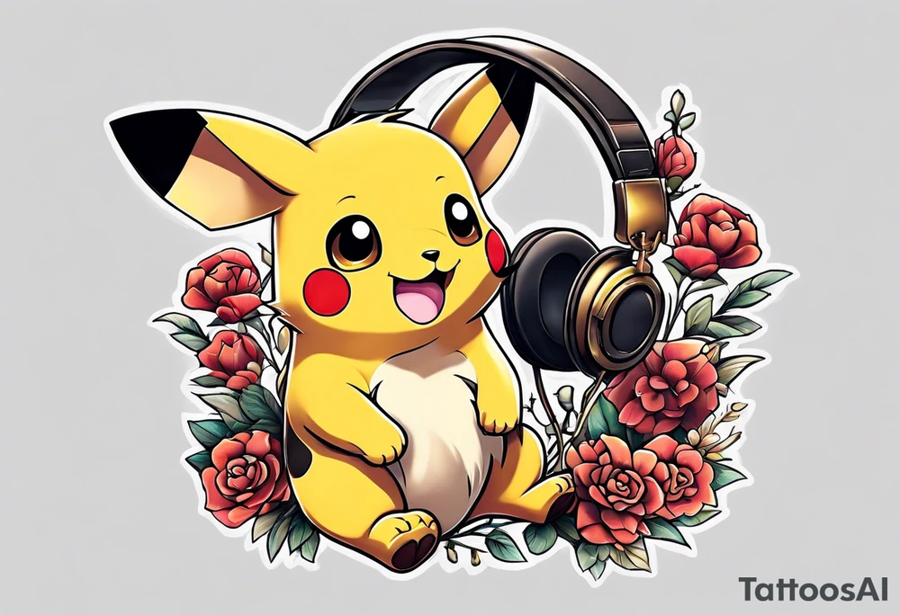 pickachu sitting on a lion listening to music tattoo idea