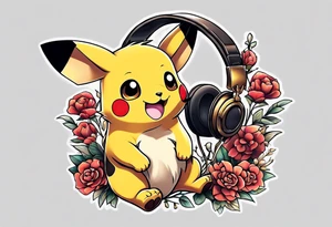 pickachu sitting on a lion listening to music tattoo idea