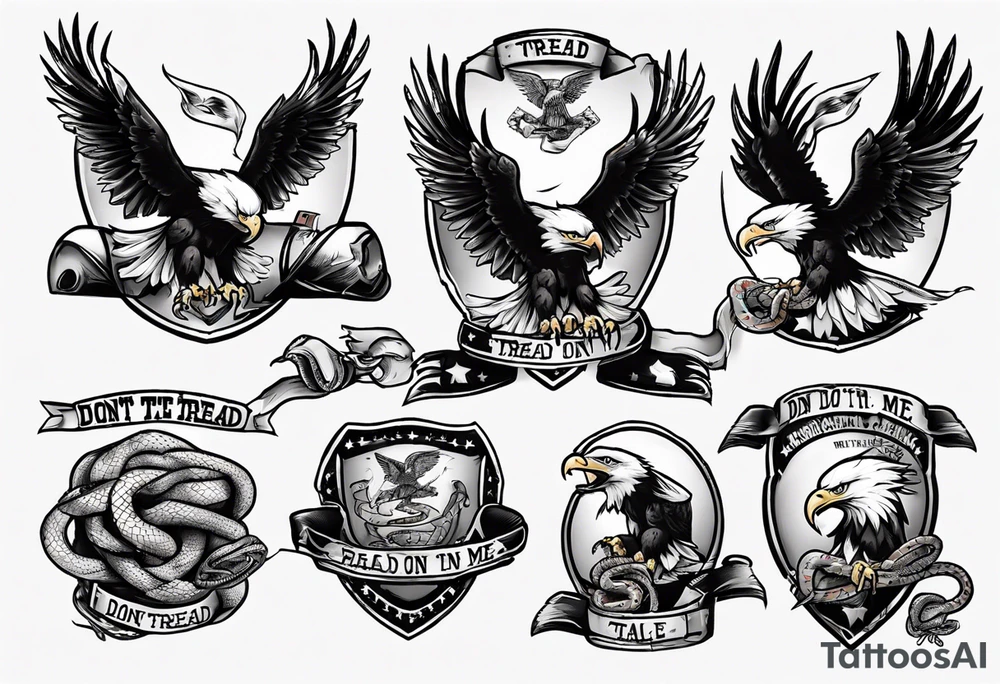 American traditional Bald Eagle carrying a snake in its talons, with a banner reading “don't tread on me” tattoo idea