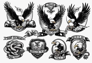 American traditional Bald Eagle carrying a snake in its talons, with a banner reading “don't tread on me” tattoo idea