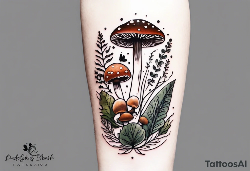 minimalistic forest floor inspired tattoo, which includes grass, moss, curly ferns and dead leaves as the bulk of the tattoo. details to include: forest berries, couple of very small brown mushrooms, a tiny bumblebee flying nearby tattoo idea