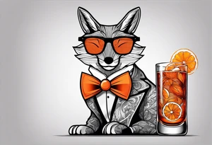 Geometric sly fox with beard and black horn rimmed glasses with Negroni in short lowball cocktail glass with ice and orange peel tattoo idea