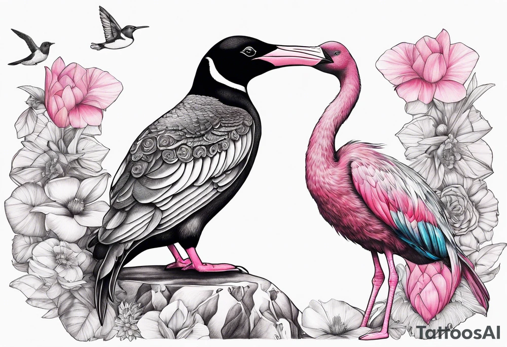 Penguin standing with pink flamingo and hummingbird tattoo idea