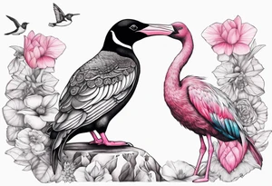 Penguin standing with pink flamingo and hummingbird tattoo idea