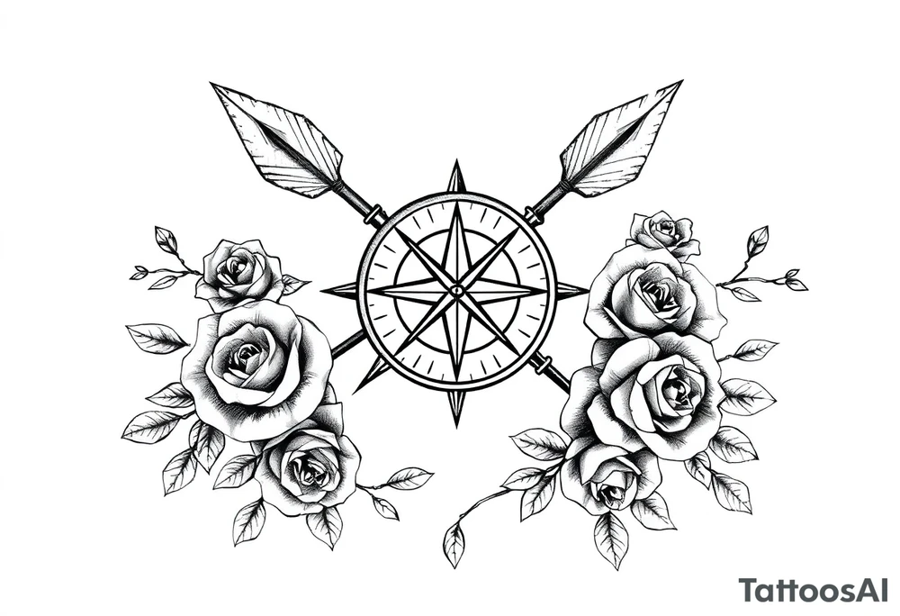 Detailed arrows with compass over top and beautiful rose vines around tattoo idea