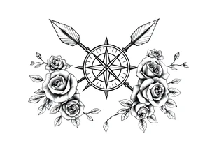 Detailed arrows with compass over top and beautiful rose vines around tattoo idea