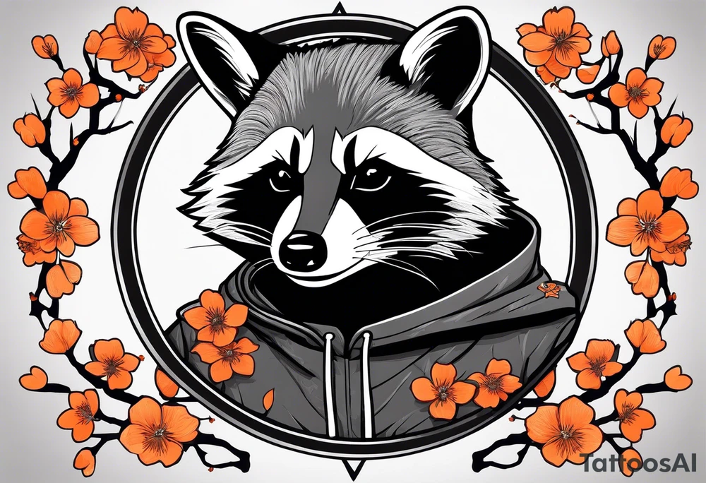 Raccoon wearing a white Superman logo on a black hoodie and orange Japanese cherry blossoms tattoo idea