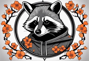 Raccoon wearing a white Superman logo on a black hoodie and orange Japanese cherry blossoms tattoo idea