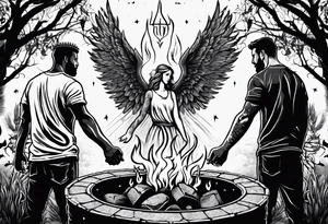 3 men holding hands in a big fire pit with an angel in the background with the word kings on top of it with a crown on top of that tattoo idea