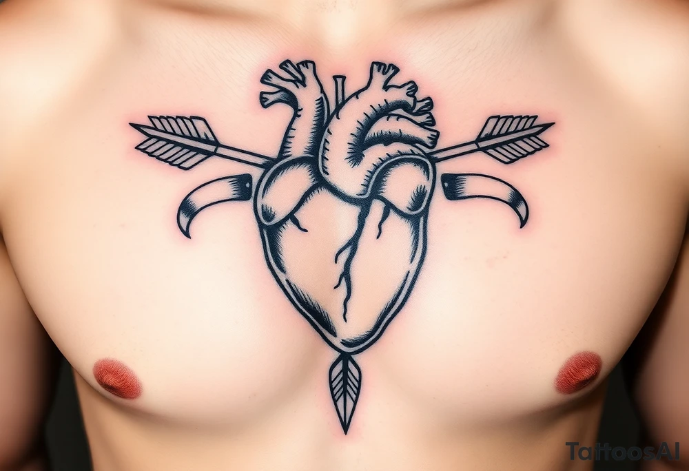 anatomical heart pierced by ornate arrow with flowing ribbons tattoo idea