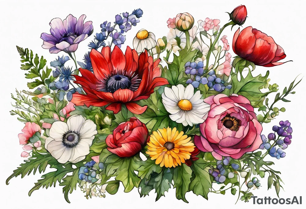 simple wildflowers with thistles, ferns, ranuculus, white anemones, sun flowers, red flowers, pink flowers, purple flowers, buttercups, babys breath, daisies, and greenery all in watercolor tattoo idea