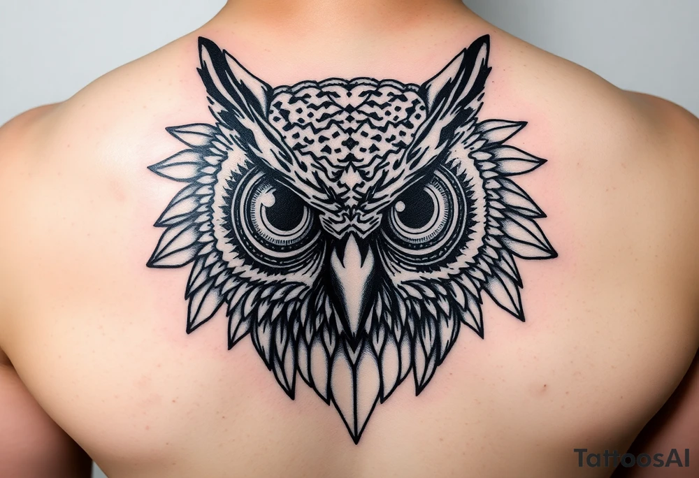 Owl head with large intense tripping on acid eyes tattoo idea