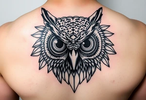 Owl head with large intense tripping on acid eyes tattoo idea