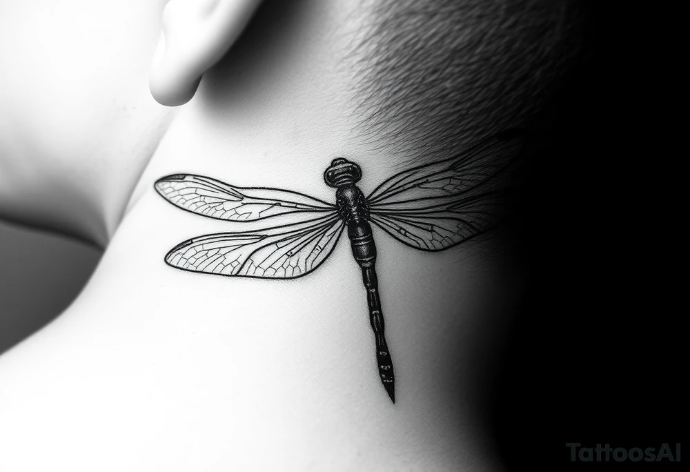 powerful, simple, and amazing dragonfly behind my ear tattoo that represents change, freedom and fresh start tattoo idea