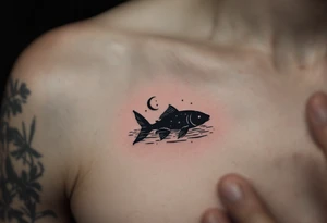 Night Catfish Silhouette – A quiet and mysterious tattoo featuring a black silhouette of a catfish under a crescent moon, with stars reflected in a rippling water surface. tattoo idea