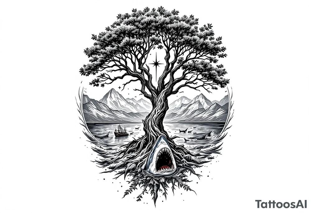 tattoo that has an acacia tree with mountains, ocean with a ship wreck with sharks and the northern star tattoo idea