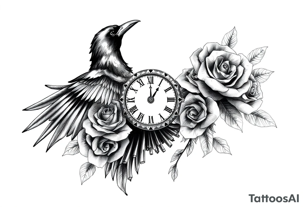 raven,roses,clock. tattoo idea