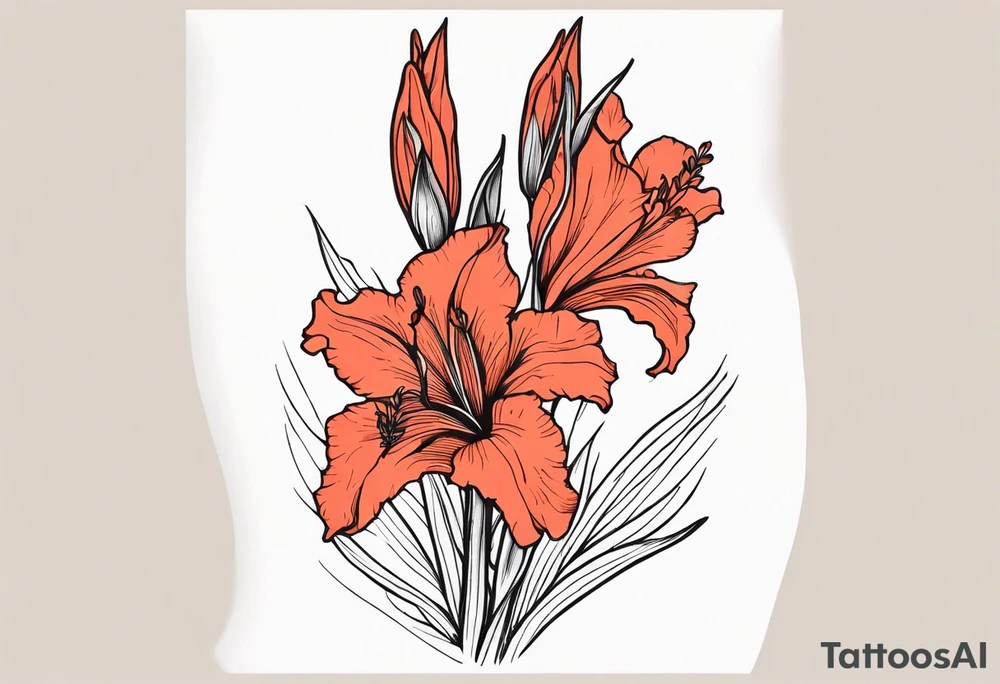 a narrow coral-colored gladiolus tattoo idea