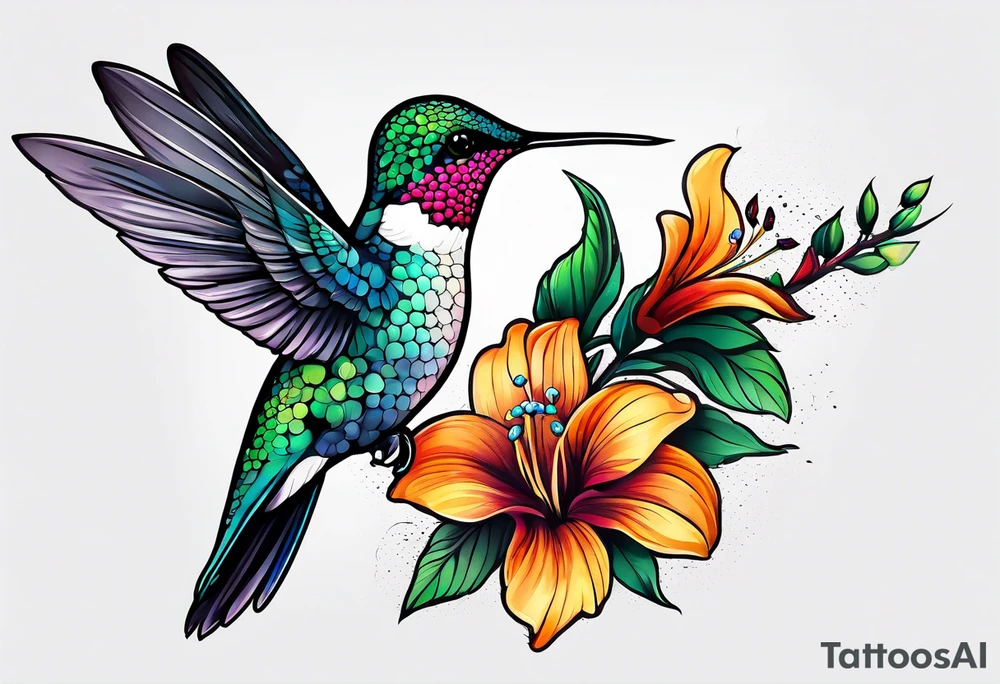botanical, flowers, colorful, different, hummingbird, dot tattoo idea
