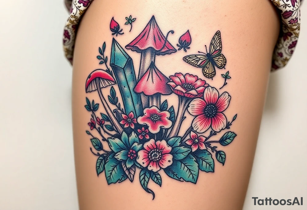 psychedelic  tattoo with crystals and  flowers and mushrooms bugs tattoo idea