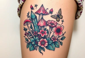 psychedelic  tattoo with crystals and  flowers and mushrooms bugs tattoo idea
