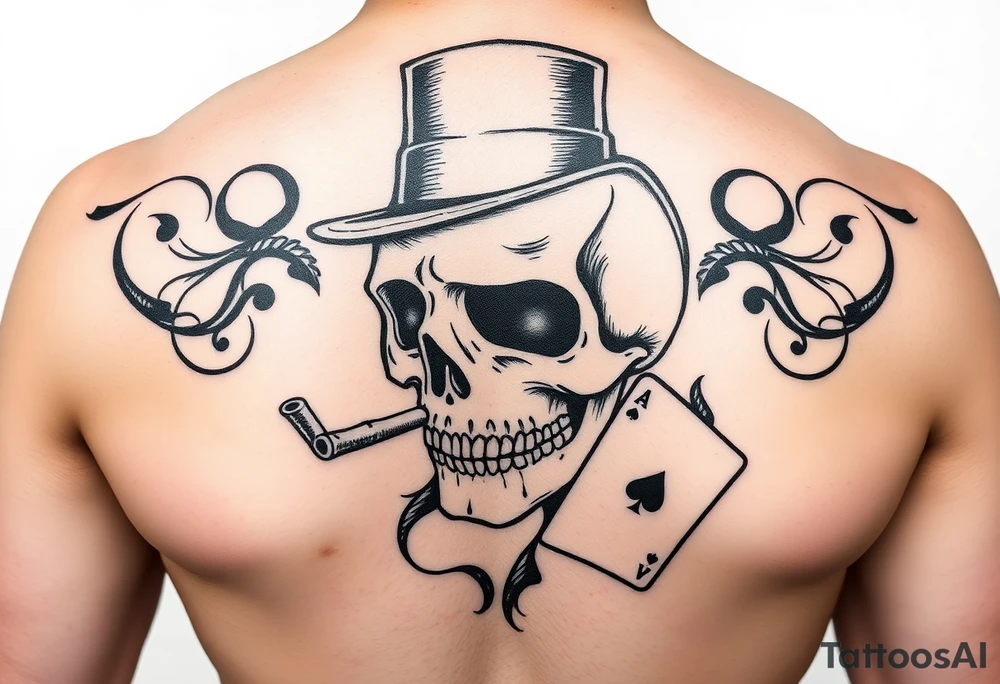 skull with mustache, cigar in his mouth,top-hat on his head and playing cards in his hand. tattoo idea