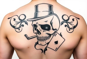 skull with mustache, cigar in his mouth,top-hat on his head and playing cards in his hand. tattoo idea