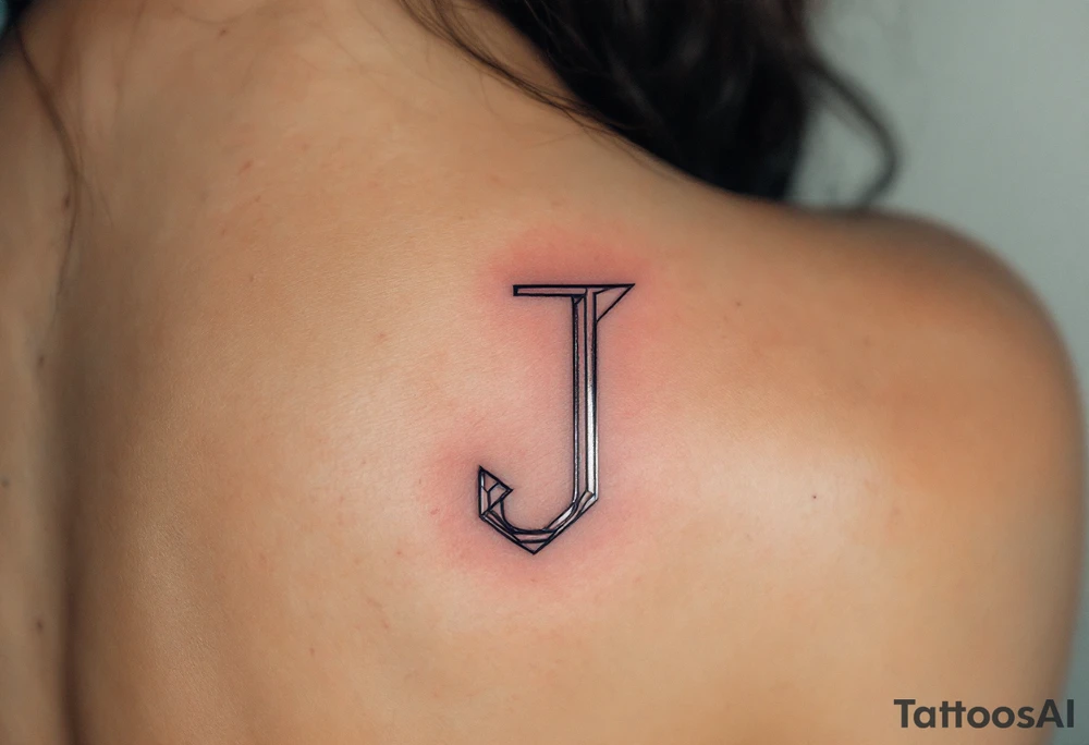 Sharp geometric "J" in metallic silver with sleek, modern lines and cyan shadows. tattoo idea