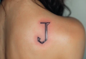 Sharp geometric "J" in metallic silver with sleek, modern lines and cyan shadows. tattoo idea
