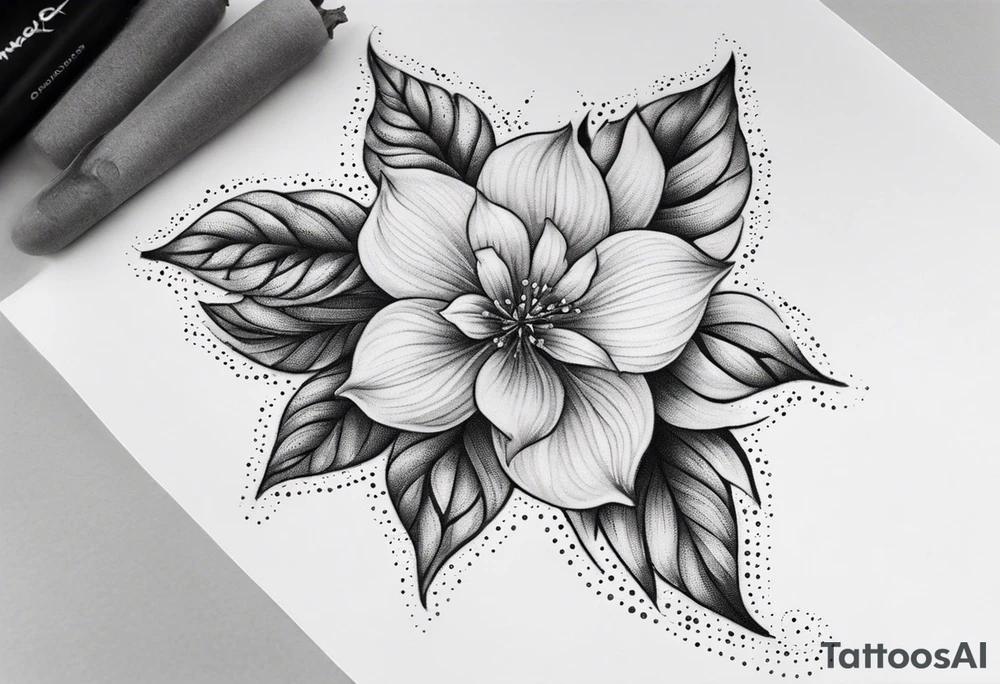 Design an ornamental tattoo featuring a single stem with delicate leaves and blossoms, using thin lines for a refined look. tattoo idea