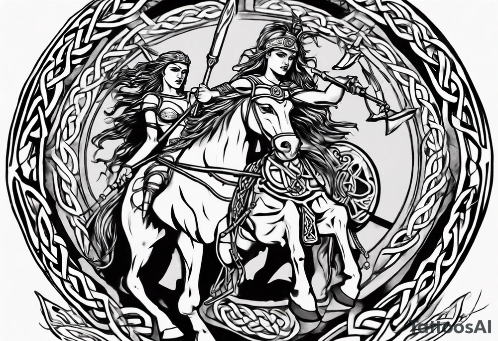 Celtic style Boudica in front on chariot tattoo idea