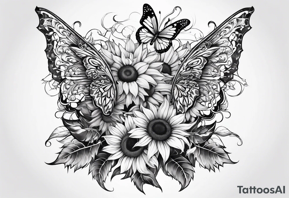Winged cross with sunflowers and butterflies lower leg sleeve tattoo idea