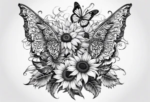 Winged cross with sunflowers and butterflies lower leg sleeve tattoo idea