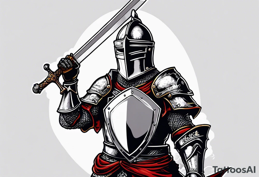 knight holding a bible over his head in combat tattoo idea