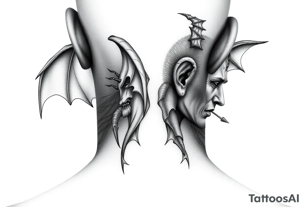 position behind the neck Angel (on the right) whispering in the right ear, demon (on the left) whispering in the left ear. It must be as realistic as possible. tattoo idea