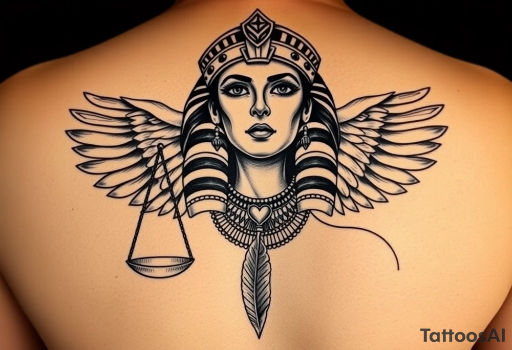 Beautiful Egyptian goddess woman’s face and elegant body, depicted as a regal woman with an ostrich feather headdress, and intricate ancient Egyptian jewelry, the Anhk necklace. Background includes something similar to heaven, as one is walking into it. Incorporate the Scales of Justice—one side holding a heart, the other Ma’at’s feather—glowing with ethereal energy. Emphasize dramatic lighting, deep shadows, and surreal, mystical atmosphere tattoo idea
