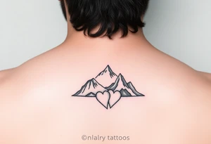 Small and simplistic couples tattoos including water, mountains and hearts tattoo idea