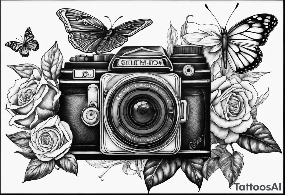 Butterfly, sunflower, camera, book, flower rose tattoo idea Butterfly, sunflower, camera, book, flower rose tattoo idea