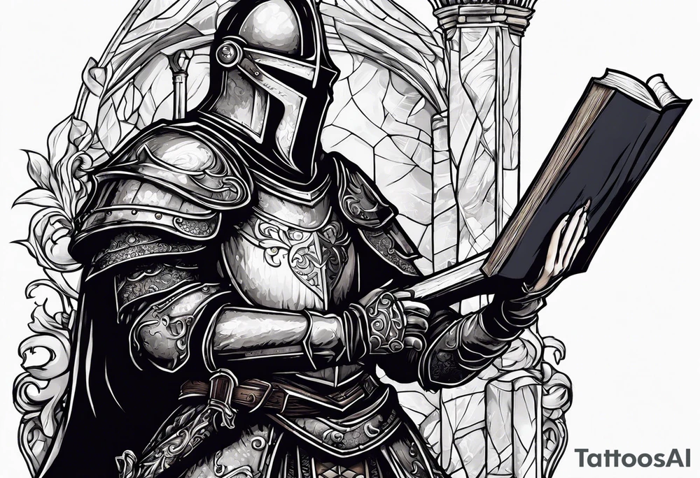 knight holding a bible over his head tattoo idea