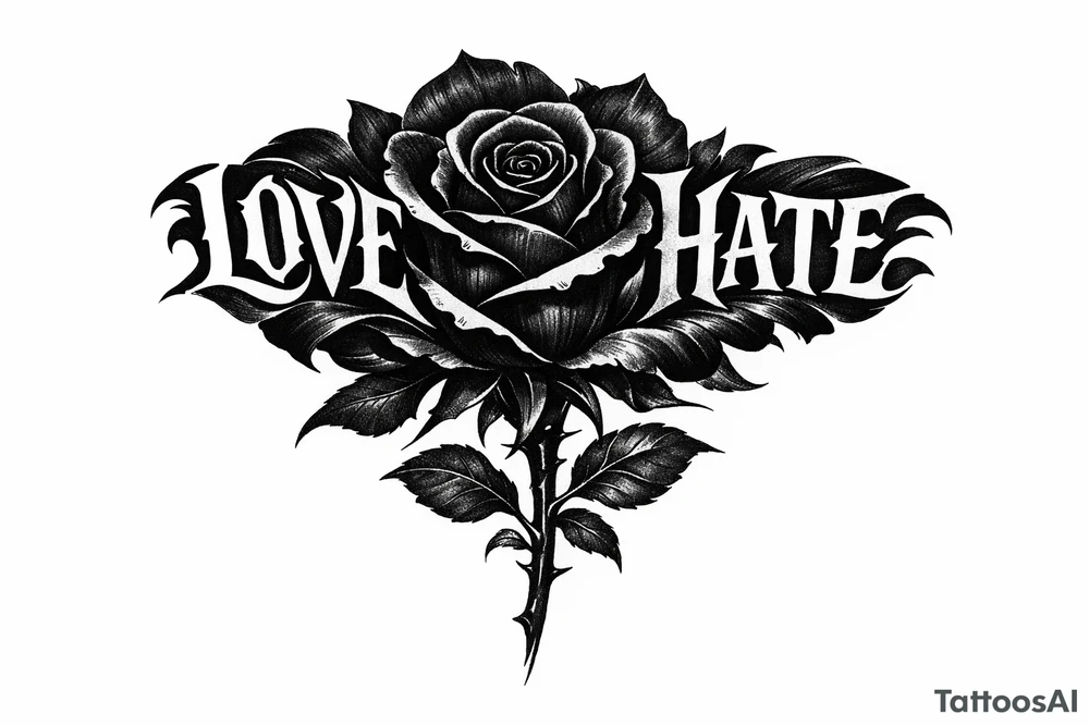 Single rose, petals morphing into bold love and hate lettering. tattoo idea