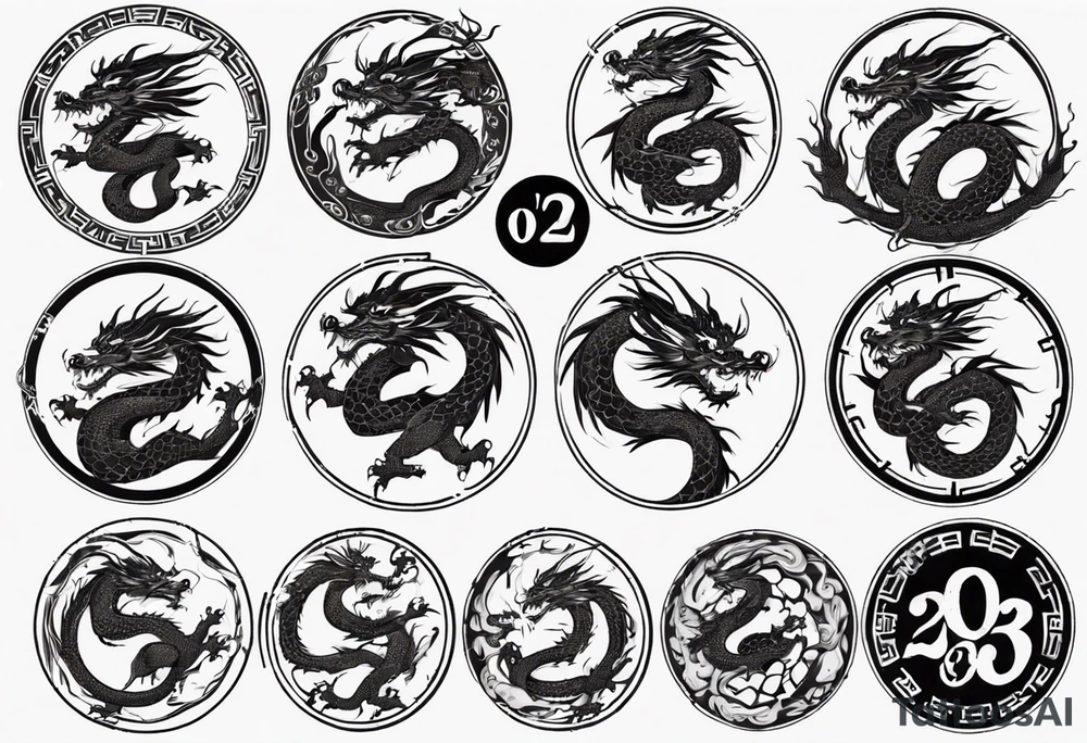 Chinese dragon in a circular shape with "02.03" written on its skin tattoo idea