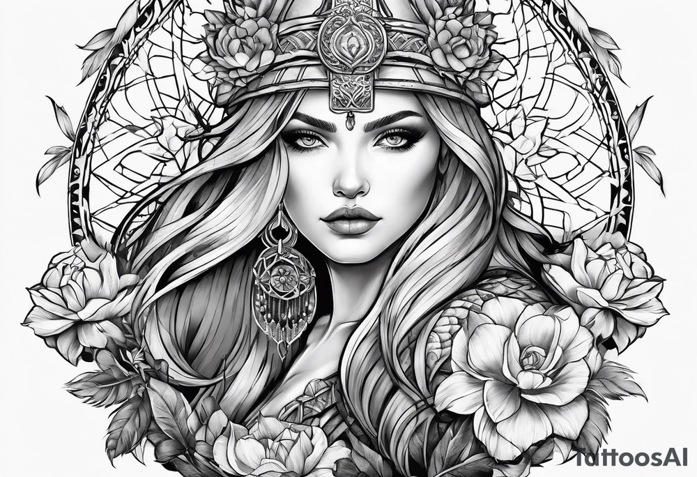 Viking girl, flowers, dream catcher, tattoo idea