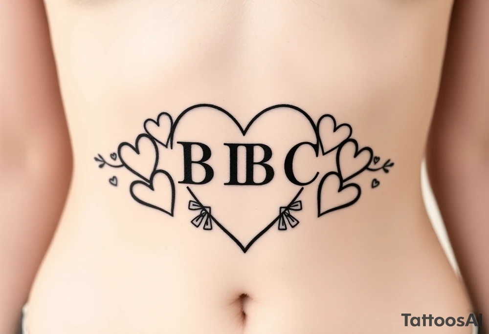 text reading "BBC" across a womb tattoo surrounded by hearts tattoo idea