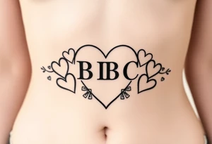 text reading "BBC" across a womb tattoo surrounded by hearts tattoo idea