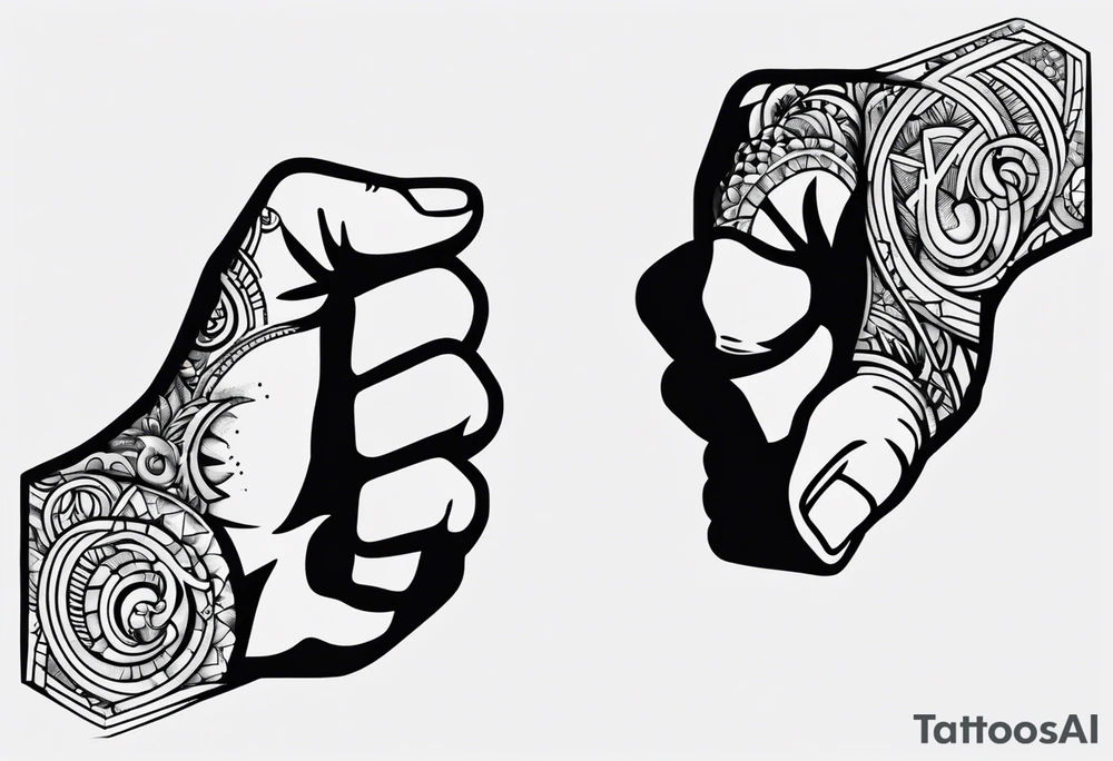 A clenched fist, the hand contains five fingers as specified, the tattoo is a back tattoo using negative space drawing techniques tattoo idea