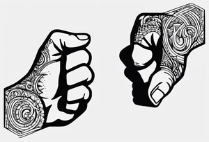 A clenched fist, the hand contains five fingers as specified, the tattoo is a back tattoo using negative space drawing techniques tattoo idea