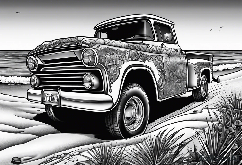Beach theme, classic truck,  bikini girl tattoo idea