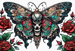 Moth with skull inside it and thorns and roses around it tattoo idea